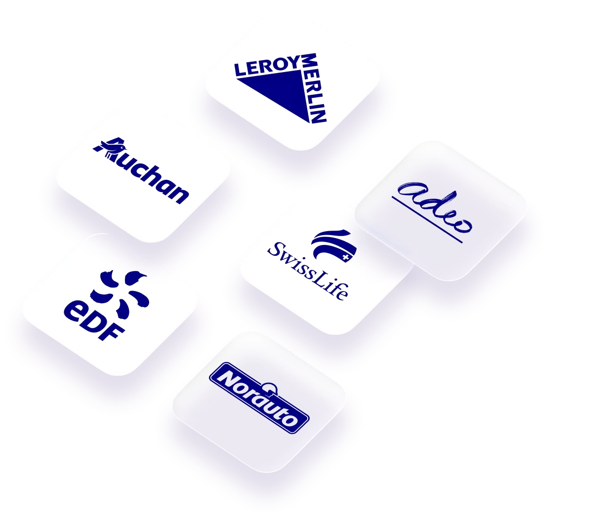 Logos clients : Adeo, Leroy Merlin, Auchan, Norauto, Swiss Life, EDF